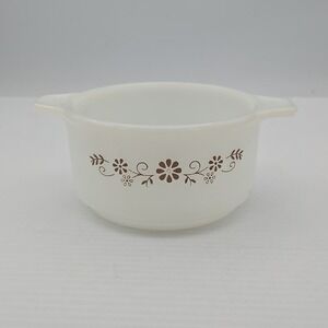 Vtg Pyr-o-rey Dynaware White Milk Glass‎ Small Casserole Dish Brown Daisy 4.5"